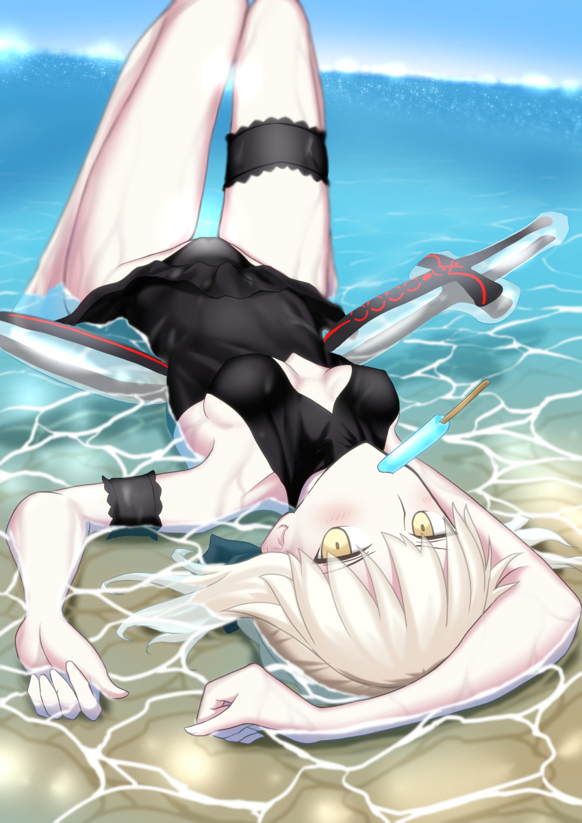 1girl absurdres artoria_pendragon_(all) artoria_pendragon_(swimsuit_rider_alter) bangs beach black_ribbon black_swimsuit blonde_hair blush breasts dress_swimsuit fate/grand_order fate_(series) food hair_ribbon highres inflatable_toy knees_up long_hair looking_at_viewer lying medium_breasts mouth_hold ocean on_back pale_skin popsicle ribbon shidou_(x_2903) swimsuit thighs yellow_eyes