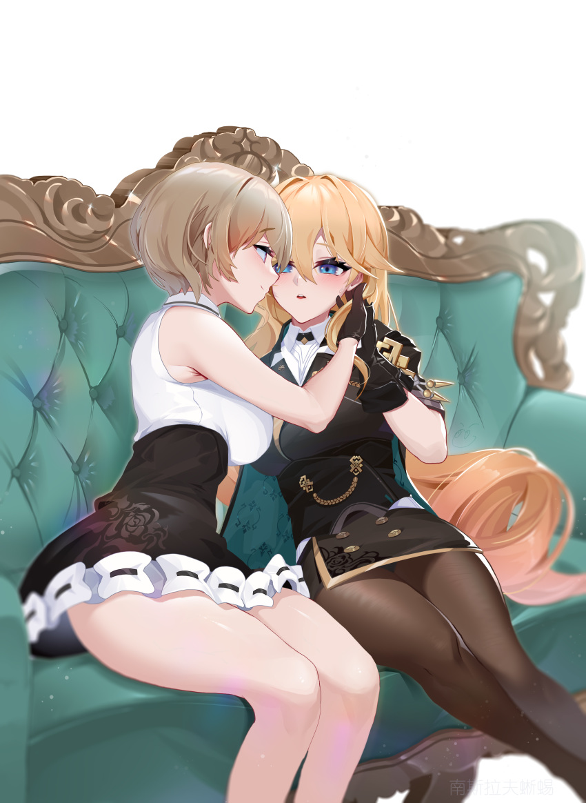 2girls absurdres bianka_durandal_ataegina black_dress black_gloves black_skirt blonde_hair blue_eyes blush breasts brown_eyes brown_hair brown_legwear closed_mouth commentary_request couch dress eye_contact gloves hand_in_another's_hair high-waist_skirt highres honkai_(series) honkai_impact_3rd long_hair looking_at_another medium_breasts multiple_girls on_couch pantyhose parted_lips profile rita_rossweisse shirt short_hair simple_background sitting skirt sleeveless sleeveless_shirt smile very_long_hair white_background white_shirt wucanming yuri