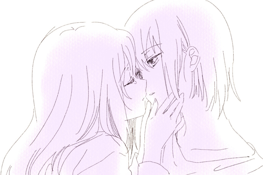 bob_cut closed_eyes eyebrows_visible_through_hair hair_between_eyes hands_on_another's_face highres imminent_kiss long_hair long_sleeves looking_at_another monochrome namori open_mouth original short_hair sketch teardrop tearing_up white_background yuri