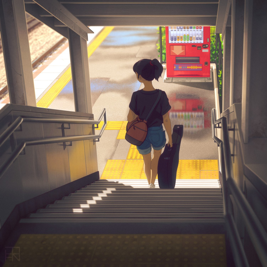 1girl artist_logo black_shirt blue_shorts brown_hair bysau day dispenser from_above highres holding instrument_case medium_hair original outdoors ponytail shirt shoes short_sleeves shorts sneakers solo stairs standing t-shirt train_station walking