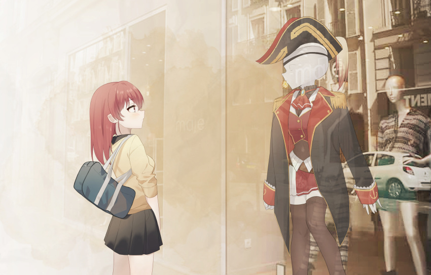 1girl absurdres ascot bag black_jacket black_skirt blush breasts brooch commentary_request display_case eyebrows_visible_through_hair eyepatch from_side hat highres hololive houshou_marine jacket jewelry looking_to_the_side mannequin medium_hair pirate_hat red_eyes red_neckwear redhead shirt skirt standing syhan virtual_youtuber yellow_shirt