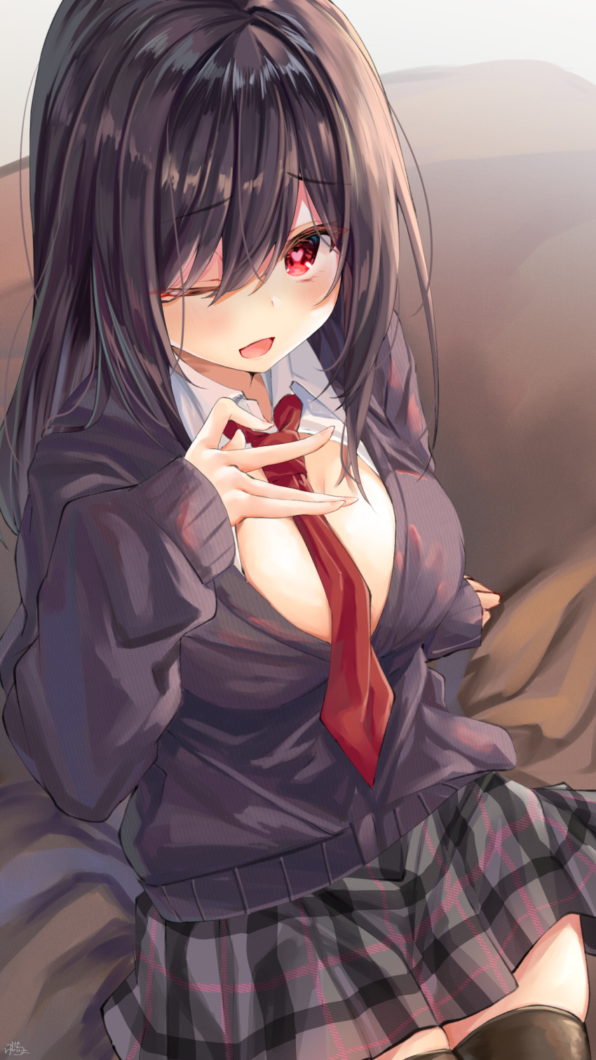 1girl bangs between_breasts black_hair black_jacket black_legwear breasts commentary_request eyebrows_visible_through_hair from_above grey_skirt heart heart_in_eye highres jacket large_breasts long_hair long_sleeves looking_at_viewer necktie one_eye_closed original ramchi red_eyes red_neckwear shirt sitting skirt symbol_in_eye thigh-highs uniform white_shirt
