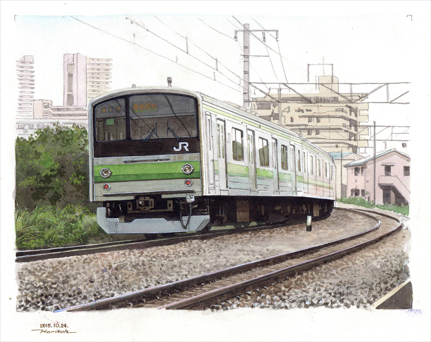border bush dated grass ground_vehicle highres horikou no_humans original outdoors power_lines railroad_tracks scan scenery signature traditional_media train white_border