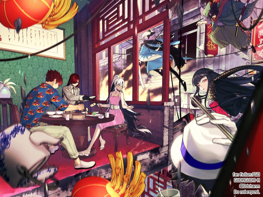 3boys 4girls bamboo_steamer belt black_gloves black_hair chopsticks commentary_request dd_(vktr4837) dress fate/grand_order fate_(series) fedora formal gloves hair_over_one_eye hat hime_cut japanese_clothes kimono koha-ace lantern mori_nagayoshi_(fate) multiple_boys multiple_girls nagao_kagetora_(fate) necktie oda_nobunaga_(fate)_(all) oda_nobunaga_(maou_avenger)_(fate) okada_izou_(fate) okita_souji_(fate) okita_souji_(fate)_(all) open_mouth oryou_(fate) pink_dress ponytail redhead sakamoto_ryouma_(fate) sandals scarf sheath sitting sleeveless sleeveless_dress suit teapot white_gloves white_hair