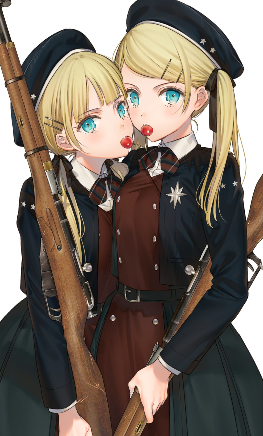 2girls bangs belt belt_buckle beret berries black_belt black_headwear black_jacket black_ribbon blue_eyes blush bolt_action buckle cherry coat collar commentary_request food food_in_mouth fruit gun hair_ornament hair_ribbon hairclip hat highres holding holding_gun holding_weapon jacket kippu long_hair long_sleeves looking_at_viewer military military_uniform mosin-nagant multiple_girls original ribbon rifle side_ponytail simple_background star_(symbol) uniform upper_body weapon white_background white_coat