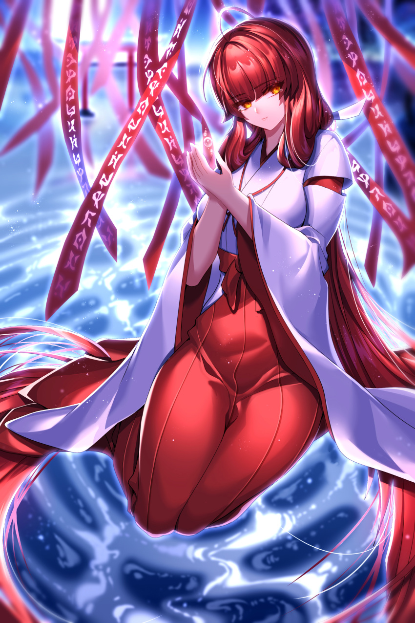 1girl absurdly_long_hair absurdres ahoge bangs been blurry blurry_background closed_mouth elesis_(elsword) elsword eyebrows_visible_through_hair hair_between_eyes hakama highres japanese_clothes kimono kneeling long_hair long_sleeves looking_to_the_side miko red_hakama redhead shiny shiny_hair solo torii very_long_hair water_surface white_kimono wide_sleeves yellow_eyes