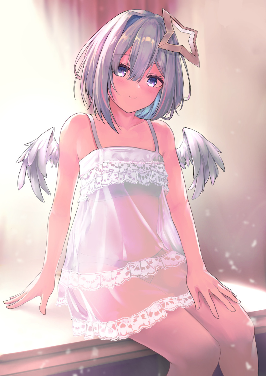 1girl absurdres amane_kanata angel_wings bangs blue_hair blush bob_cut bra colored_inner_hair commentary hair_between_eyes hair_ornament halo hand_on_lap highres hololive lace light_smile lingerie looking_at_viewer mini_wings multicolored_hair namake_(nmk44300) negligee panties raised_eyebrows see-through short_hair silver_hair sitting smile solo two-tone_hair underwear violet_eyes virtual_youtuber wings