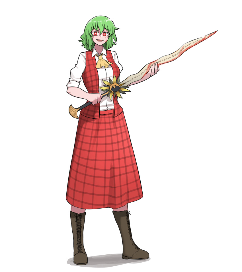 1girl absurdres ascot blood blood_on_face bloody_weapon boots collared_shirt english_commentary final_fantasy final_fantasy_xii flower green_hair highres kazami_yuuka looking_at_viewer mata_(matasoup) open_clothes open_mouth open_vest plaid plaid_skirt plaid_vest red_eyes red_vest runes shirt simple_background skirt skirt_set sleeves_rolled_up solo standing sunflower sword touhou vest weapon white_background white_shirt yellow_neckwear