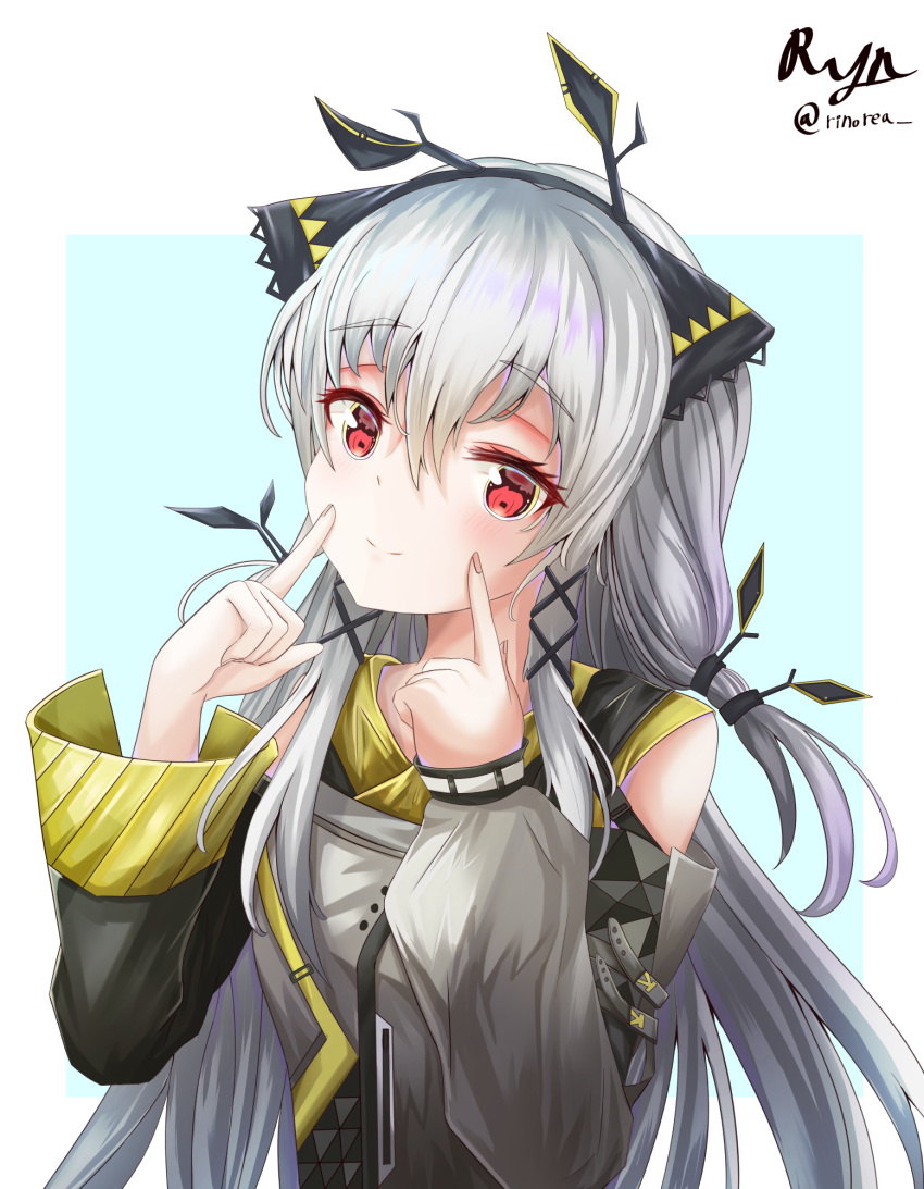 1girl arknights bare_shoulders blush closed_mouth grey_hair grey_jacket hair_between_eyes highres jacket light_smile long_hair long_sleeves looking_at_viewer low-tied_long_hair revision rino_rea silver_hair simple_background smile solo weedy_(arknights) white_background
