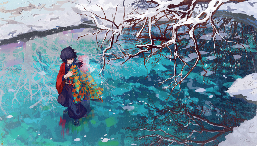 1boy black_hair frozen_lake giaour haori japanese_clothes kimetsu_no_yaiba long_hair long_sleeves male_focus ponytail reflection snow solo tomioka_giyuu tree uniform walking_on_ice winter