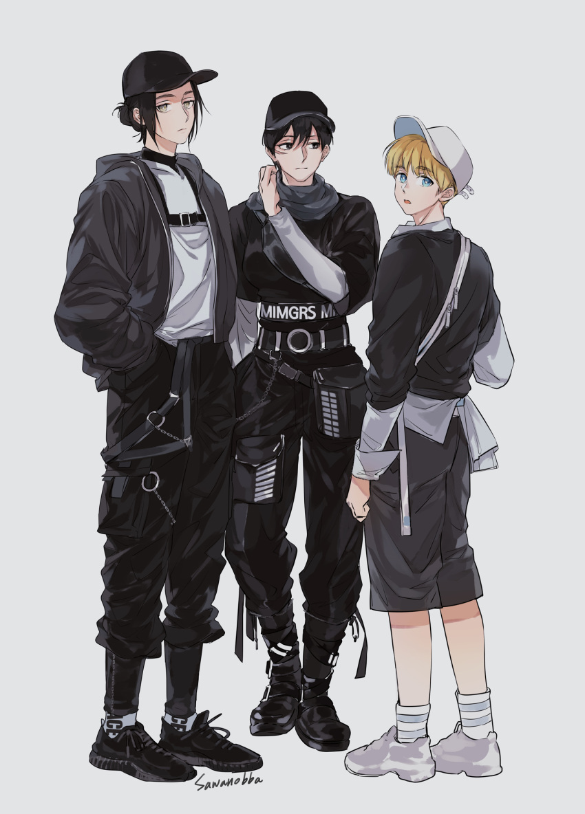 1girl 2boys androgynous armin_arlert baggy_pants belt black_eyes black_hair blonde_hair blue_eyes breasts brown_eyes brown_hair contemporary emblem eren_yeager expressionless eyebrows_visible_through_hair facial_scar full_body grey_eyes grey_eyes hair_bun hand_in_pocket hat highres hood hooded_jacket hoodie jacket logo long_sleeves looking_at_viewer looking_back mikasa_ackerman multiple_boys older pants sawanobba scar scarf shingeki_no_kyojin shirt short_hair shorts smile strap survey_corps_(emblem) tied_hair timeskip tomboy