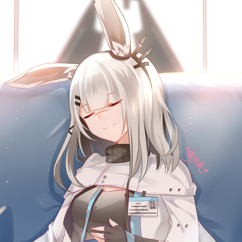 1girl alternate_costume animal_ears arknights chinese_commentary closed_eyes commentary_request couch eyebrows_visible_through_hair facial_scar fingerless_gloves frostnova_(arknights) gloves highres lanelise name_tag nose_scar rabbit_ears rhodes_island_logo scar smile solo white_hair