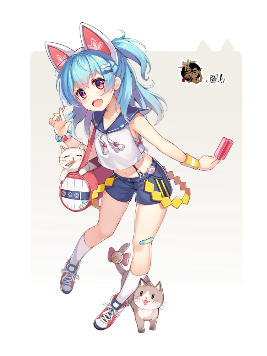 1girl :d animal animal_ears bag bangs blue_hair blue_sailor_collar blue_shorts cat cat_ears character_request duffel_bag eyebrows_visible_through_hair fang fish_hair_ornament food hair_between_eyes hair_ornament hasu_(velicia) highres holding holding_food ice_cream long_hair looking_at_viewer mahjong_soul midriff navel official_art open_mouth ponytail red_eyes red_footwear sailor_collar shirt shoes short_shorts shorts shoulder_bag sleeveless sleeveless_shirt smile socks solo sweatband white_legwear white_shirt wristband