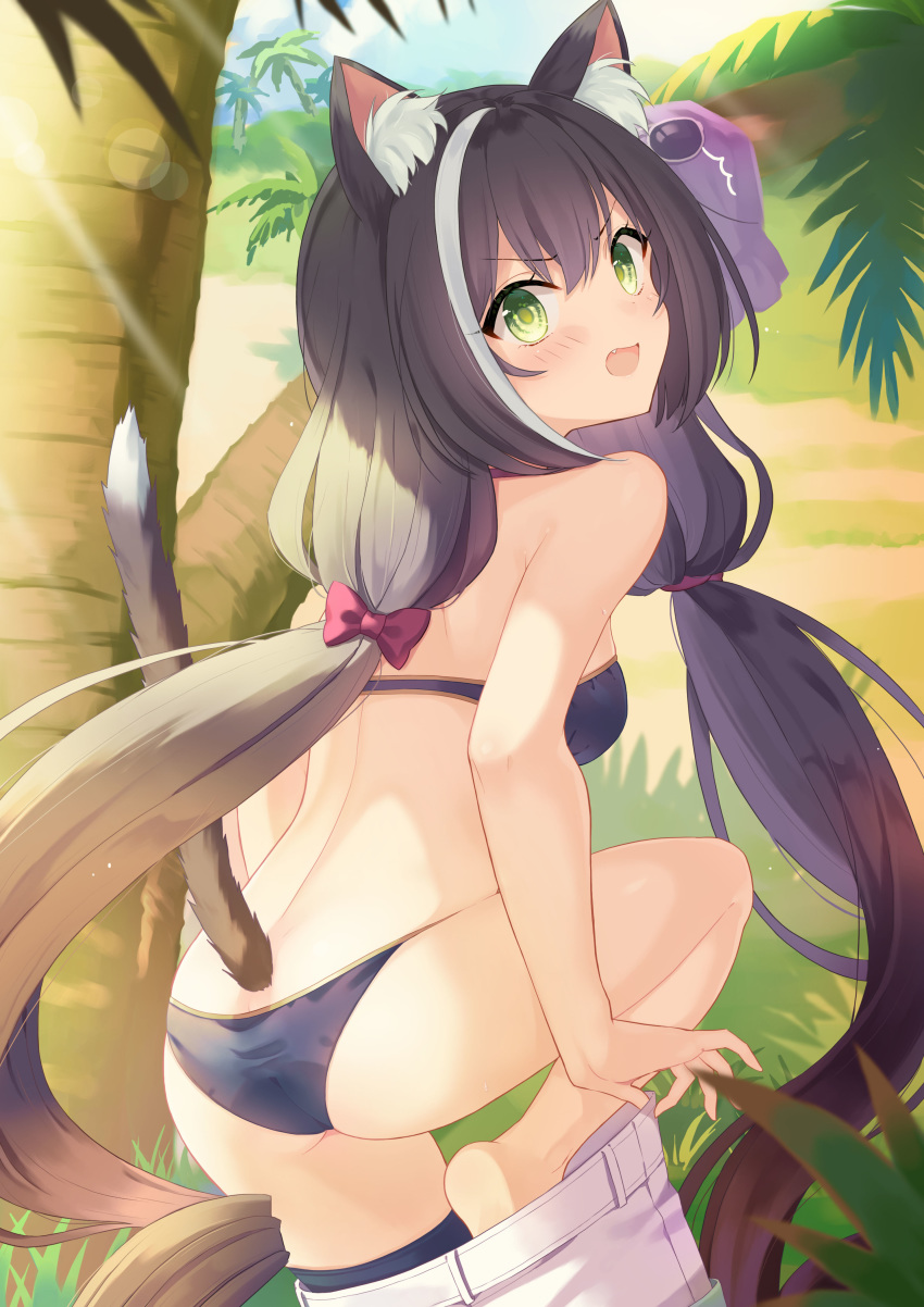 absurdres animal_ears ass barefoot bikini blue_bikini bow breasts cat_ears cat_tail fang from_behind green_eyes hair_bow highres karyl_(princess_connect!) looking_at_viewer open_mouth palm_tree princess_connect! princess_connect!_re:dive sherutii short_shorts shorts small_breasts surprised swimsuit tail thigh-highs tree undressing