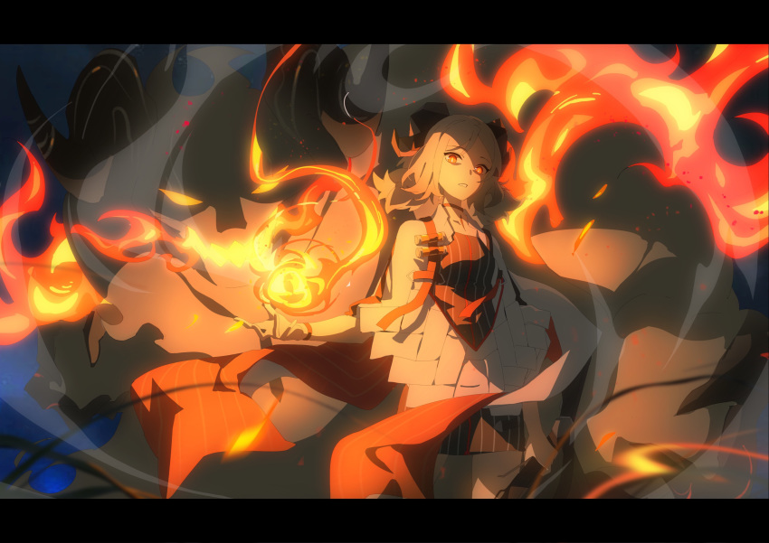 1girl arknights bangs black_choker black_dress breasts chinese_commentary choker coat cowboy_shot demon demon_horns dress fire flamethrower highres holding_flame horns ifrit_(arknights) kagura_tohru letterboxed looking_at_viewer magic medium_hair off-shoulder_dress off_shoulder orange_eyes originium_arts_(arknights) parted_bangs parted_lips short_dress small_breasts spirit striped twintails vertical-striped_dress vertical_stripes weapon white_coat wristband