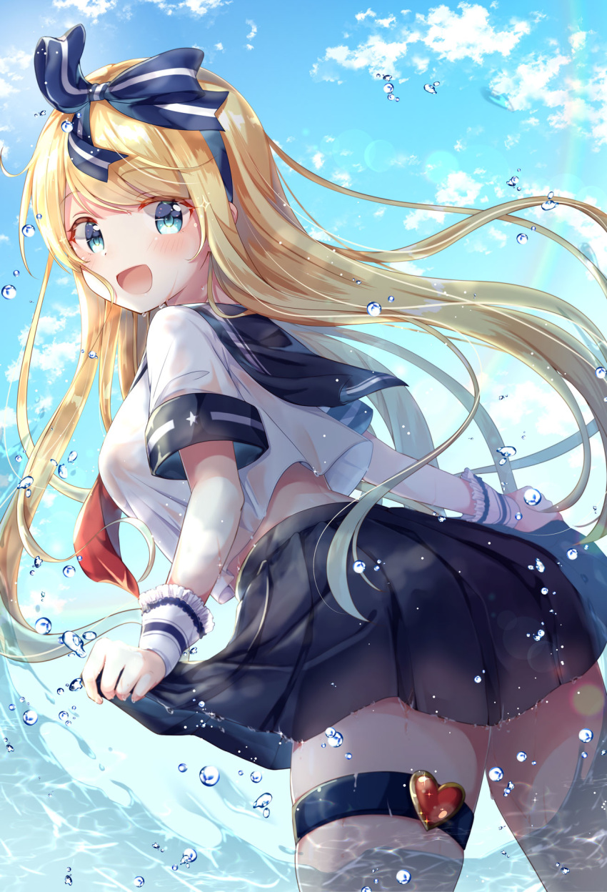 1girl :d black_skirt blonde_hair blue_eyes clouds crop_top crop_top_overhang day emori_miku_project emu_alice floating_hair gomano_rio hair_ribbon highres leaning_forward long_hair looking_at_viewer looking_back midriff miniskirt neckerchief open_mouth outdoors pleated_skirt rainbow ribbon sailor_collar school_uniform serafuku shirt short_sleeves skirt smile solo thigh_strap wading water wet white_shirt wrist_cuffs
