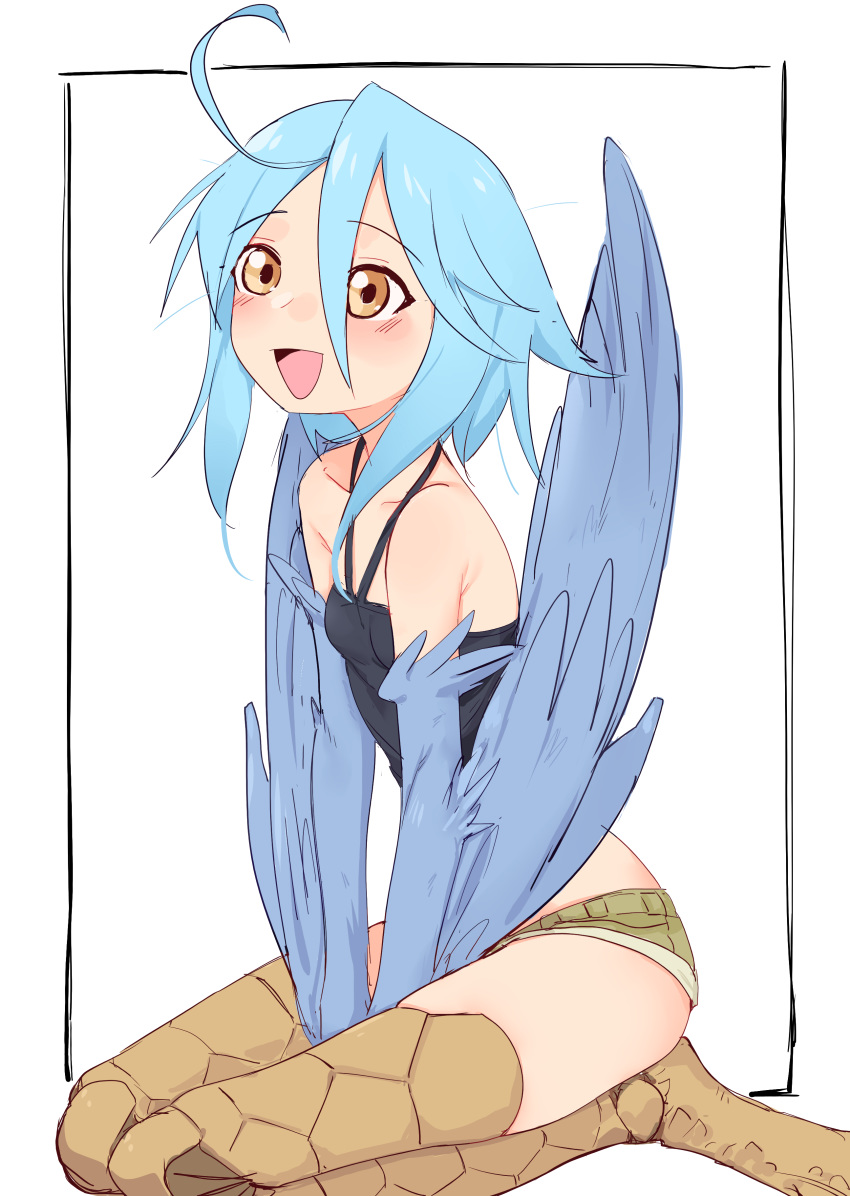 1girl :d absurdres ahoge blue_hair blue_wings eds feathered_wings harpy highres monster_girl monster_musume_no_iru_nichijou open_mouth orange_eyes papi_(monster_musume) seiza short_shorts shorts sitting smile solo white_background winged_arms wings