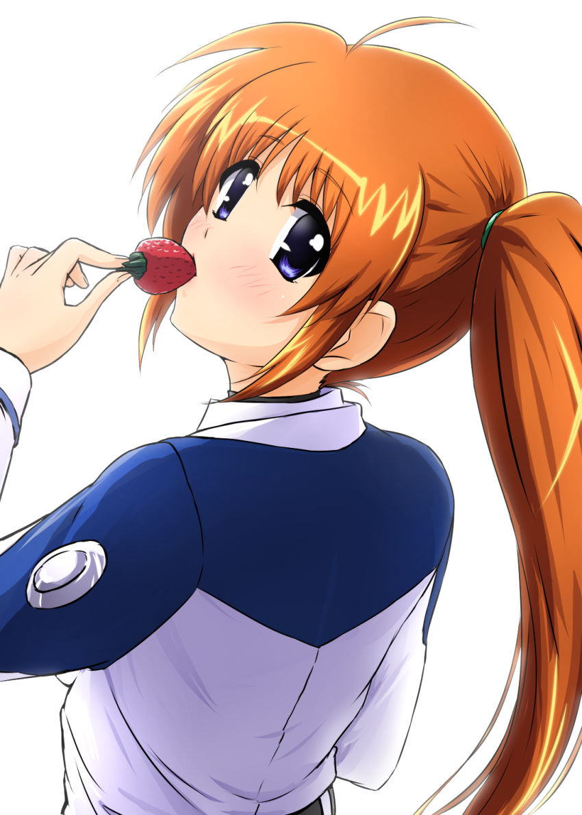 1girl blue_eyes blue_jacket brown_hair commentary_request diesel-turbo eating eyebrows_visible_through_hair food fruit highres holding holding_food jacket looking_at_viewer looking_back lyrical_nanoha mahou_shoujo_lyrical_nanoha side_ponytail sidelocks simple_background solo strawberry takamachi_nanoha upper_body white_background white_jacket