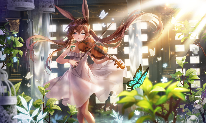 1girl absurdres alternate_costume amiya_(arknights) animal_ears apple_caramel arknights bangs blue_butterfly blue_eyes blush bug butterfly collarbone day dress eyebrows_visible_through_hair feet_out_of_frame glowing_flower green_ribbon highres insect instrument leaf light_rays long_hair looking_at_viewer music parted_lips plant playing_instrument rabbit_ears ribbon see-through see-through_silhouette sidelocks sleeveless sleeveless_dress solo standing sunbeam sundress sunlight twintails very_long_hair viola_(instrument) water water_drop