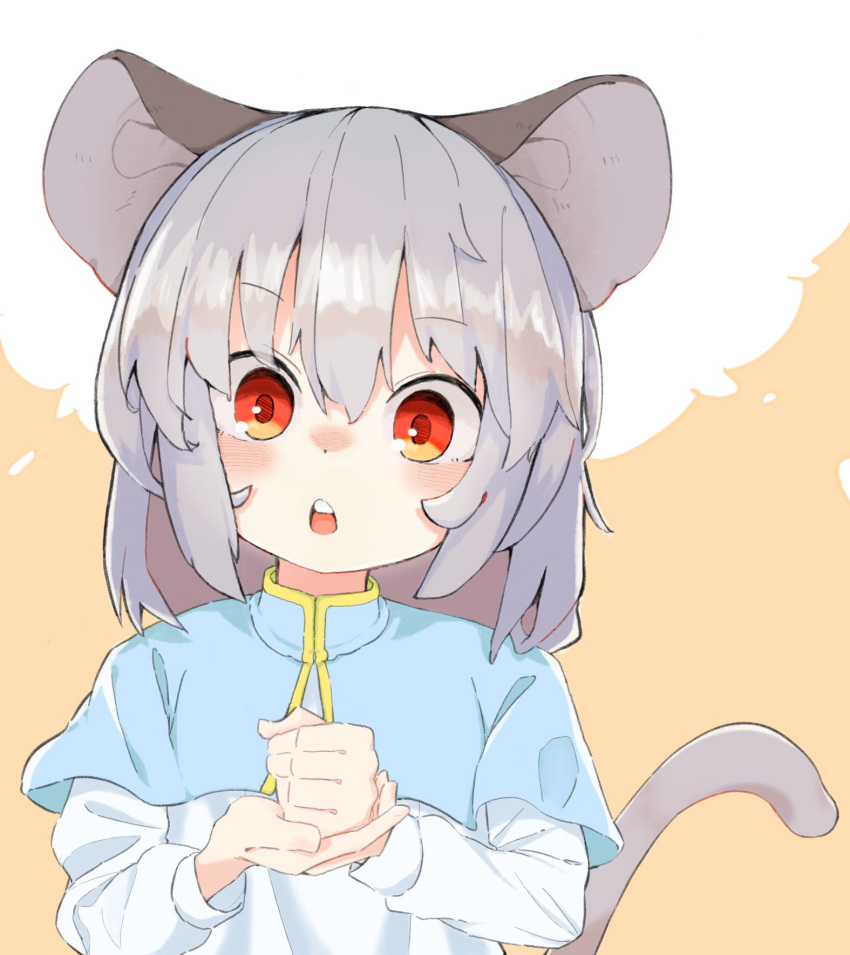 1girl animal_ears capelet commentary_request grey_hair highres kae_karee long_sleeves looking_at_viewer medium_hair mouse_ears mouse_tail nazrin open_mouth palm-fist_tap red_eyes shirt solo tail touhou upper_body white_shirt