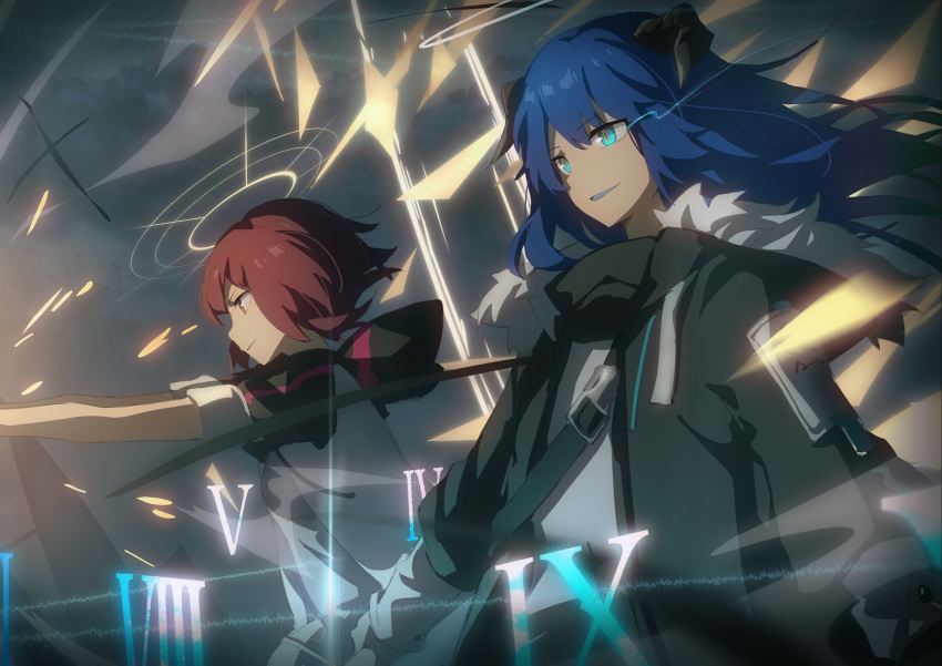 2girls aqua_eyes arknights black_coat blue_hair closed_mouth clouds cloudy_sky coat commentary cowboy_shot detached_wings exusiai_(arknights) from_side fur-trimmed_coat fur_trim glowing glowing_eye halo highres hood hooded_jacket jacket kagura_tohru long_hair mostima_(arknights) multiple_girls outdoors parted_lips profile red_eyes redhead roman_numerals shirt short_hair sky strap white_jacket white_shirt wings