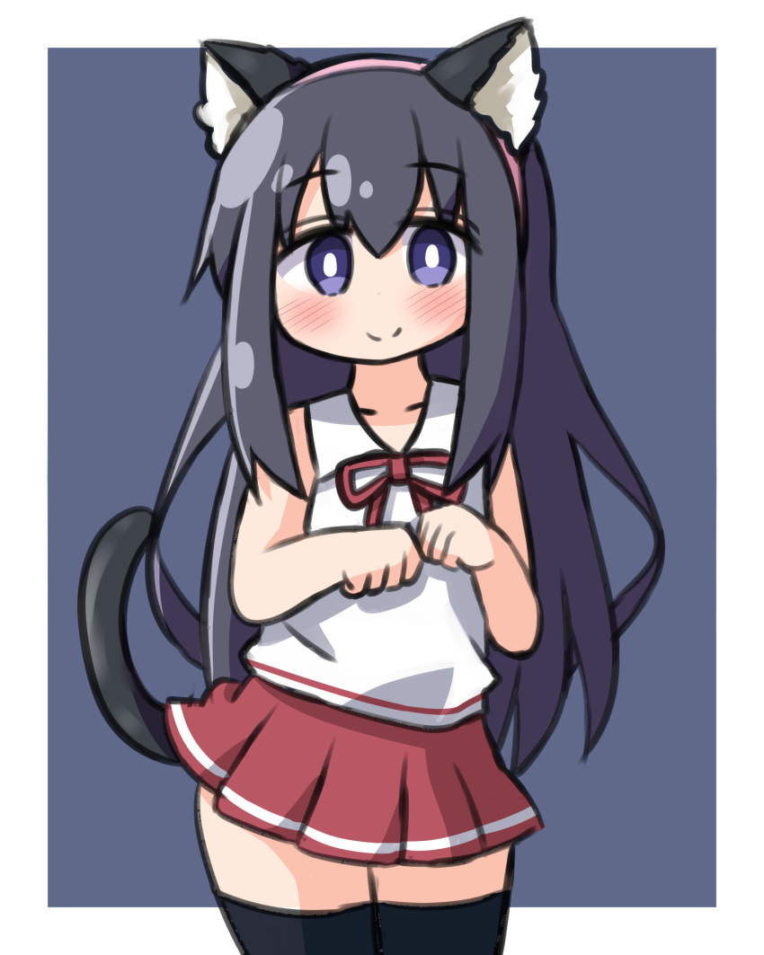 1girl animal_ear_fluff animal_ears bangs bare_shoulders black_hair black_legwear blush cat_ears cat_girl cat_tail closed_mouth collarbone collared_shirt eyebrows_visible_through_hair fake_animal_ears hair_between_eyes hairband hana_kazari highres long_hair looking_at_viewer neck_ribbon paw_pose pink_hairband pleated_skirt purple_background red_neckwear red_ribbon red_skirt ribbon shirosaki_hana shirt skirt sleeveless sleeveless_shirt smile solo tail thigh-highs two-tone_background very_long_hair violet_eyes watashi_ni_tenshi_ga_maiorita! white_background white_shirt