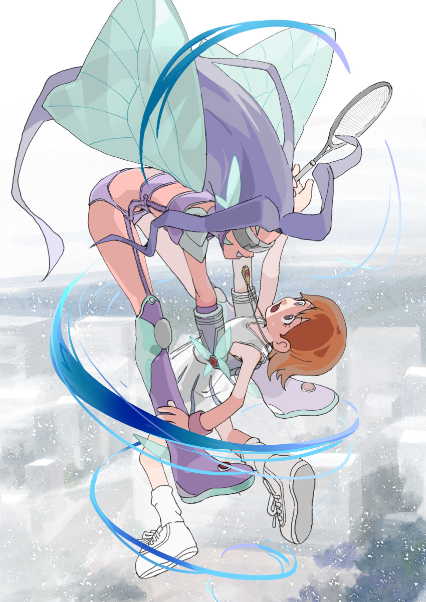 2girls abstract_background absurdres bangs bare_shoulders bent_over bikini boots breasts butterfly_hair_ornament butterfly_wings carrying commentary_request covered_eyes crossover digimon digimon_adventure digimon_frontier dress eyebrows_visible_through_hair facial_mark fairymon floating floating_hair full_body garter_straps gloves hair_between_eyes hair_ornament highres holding_racket jewelry long_hair looking_at_another medium_breasts midriff multiple_girls necklace open_mouth parted_bangs purple_bikini purple_hair purple_legwear racket revealing_clothes shoes shoulder_armor sidelocks skirt sleeveless sleeveless_dress smile sneakers socks sportswear surprised swimsuit takenouchi_sora tantanmen tennis_racket tennis_uniform thigh-highs thigh_boots visible_air visor white_dress white_footwear white_legwear wings