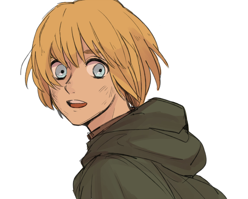 1boy armin_arlert battle_damage blonde_hair blue_eyes brown_jacket cape capelet happy highres hood hooded_cape hooded_capelet jacket long_sleeves looking_at_viewer looking_back male_focus military military_uniform open_mouth otoko_no_ko paradis_military_uniform shingeki_no_kyojin short_hair simple_background smile solo uniform white_background yandou141