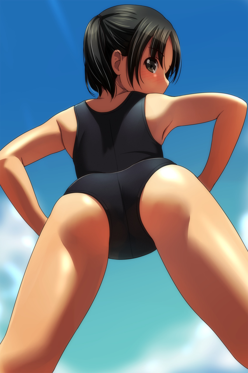 1girl absurdres ass bangs bare_arms bare_shoulders black_hair black_swimsuit blue_sky blush brown_eyes clouds day eyebrows_visible_through_hair from_behind from_below highres looking_at_viewer looking_back looking_down matsunaga_kouyou nose_blush one-piece_swimsuit original outdoors parted_bangs ponytail profile school_swimsuit sky solo swimsuit