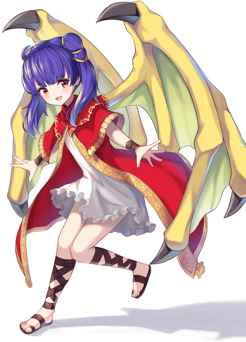 1girl :d absurdres bangs blush commentary dragon_wings dress eyebrows_visible_through_hair fire_emblem fire_emblem:_the_sacred_stones full_body hako_momiji highres long_hair looking_at_viewer myrrh_(fire_emblem) open_mouth purple_hair red_dress red_eyes sandals shadow short_dress simple_background smile solo twintails white_background white_dress wings wristband