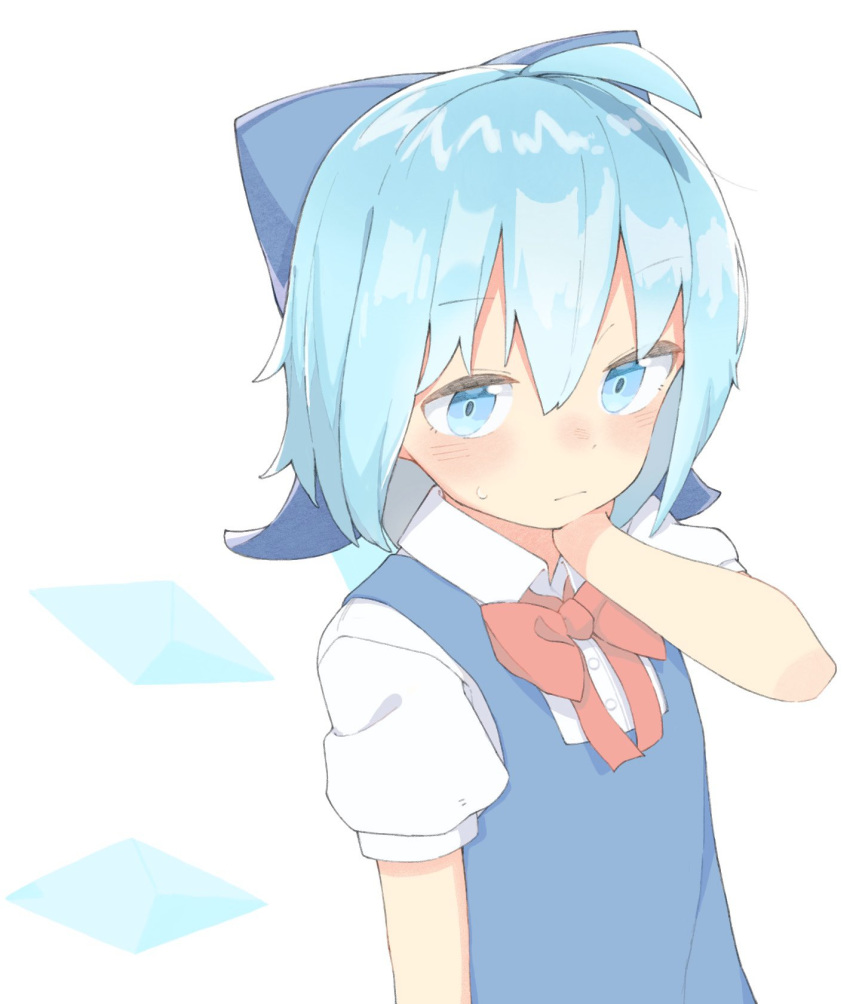 1girl ahoge blue_bow blue_dress blue_eyes blue_hair bow bowtie cirno commentary_request detached_wings dress hair_bow hand_on_own_neck hand_up highres ice ice_wings kae_karee red_neckwear shirt short_hair short_sleeves simple_background solo sweatdrop touhou upper_body white_background white_shirt wings