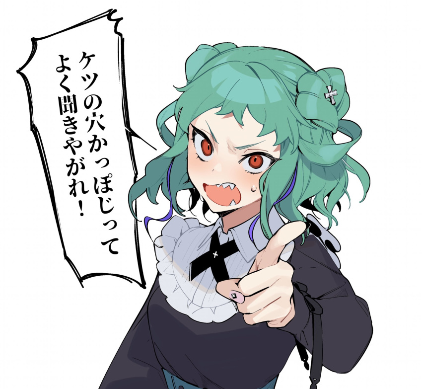 1girl angry character_request copyright_request green_hair highres looking_at_viewer ohisashiburi pointing pointing_at_viewer red_eyes ribbon sharp_teeth short_hair teeth