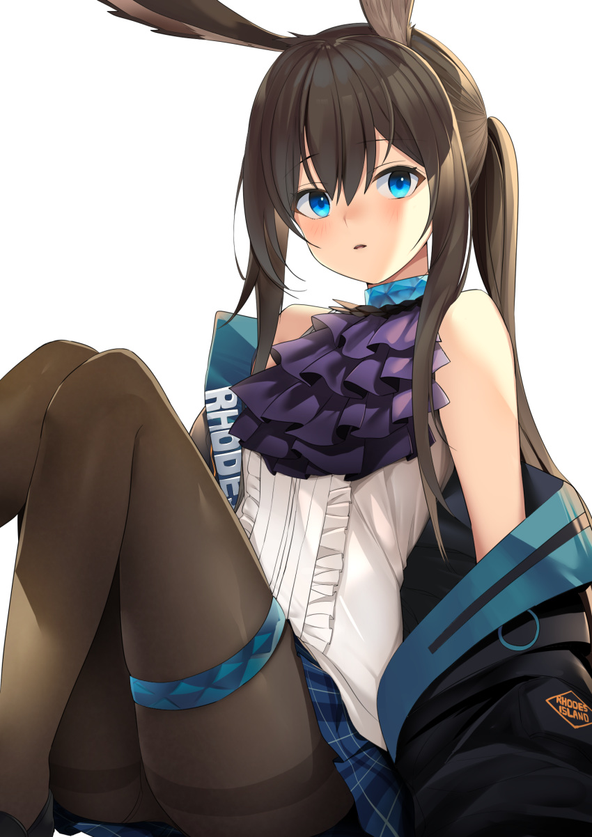 1girl amiya_(arknights) animal_ears arknights bangs bare_shoulders black_footwear black_jacket blue_eyes blue_skirt blush brown_hair brown_legwear center_frills commentary english_commentary eyebrows_visible_through_hair feet_out_of_frame frills hair_between_eyes highres jacket jun_project knees_up loafers long_hair looking_at_viewer off_shoulder open_clothes open_jacket pantyhose parted_lips plaid plaid_skirt pleated_skirt ponytail rabbit_ears shirt shoes sidelocks skirt sleeveless sleeveless_shirt solo thighband_pantyhose transparent_background very_long_hair white_shirt