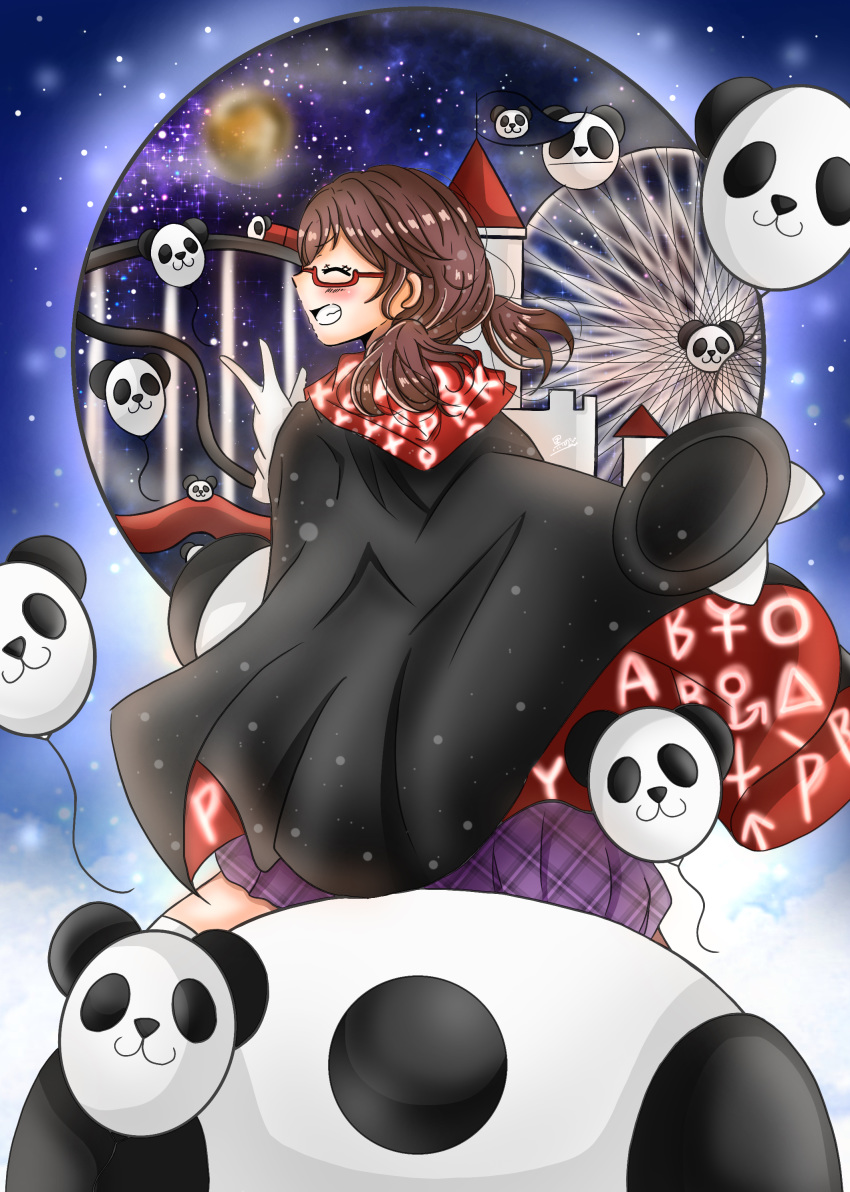 absurdres amusement_park back brown_hair capelet cloak closed_eyes ferris_wheel gloves highres kuronon0509 looking_back moon night night_sky panda roller_coaster sky smile star_(sky) touhou tower usami_sumireko v