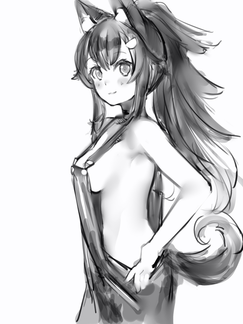 1girl animal_ears blush breasts closed_mouth cowboy_shot eyebrows_visible_through_hair from_side greyscale hair_ornament hairclip highres hololive large_breasts long_hair looking_at_viewer looking_to_the_side monochrome naked_overalls nanashi_(nlo74593630) ookami_mio overalls ponytail simple_background smile solo standing tail white_background wolf_ears wolf_tail