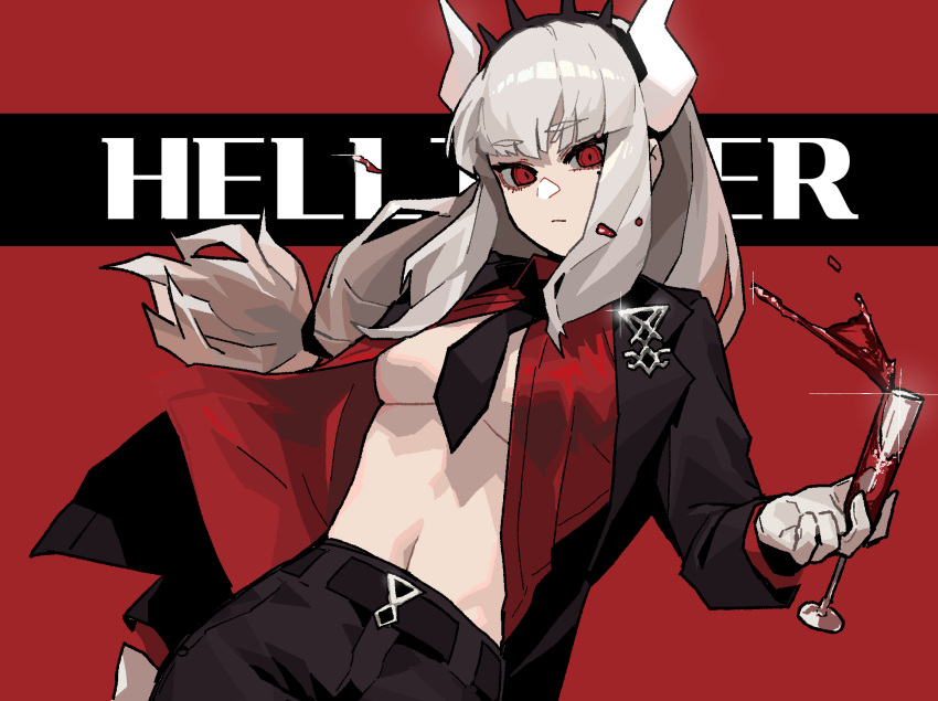 1girl alcohol bangs belt blood breasts copyright_name cup demon_girl demon_horns dress_shirt drinking_glass emblem expressionless eyebrows_visible_through_hair formal gloves gogalking hairband helltaker highres horns jacket long_hair looking_at_viewer lucifer_(helltaker) medium_breasts mole mole_under_eye necktie open_clothes open_shirt pants red_background red_eyes red_shirt shirt simple_background solo suit tiara white_hair white_horns wine wine_glass