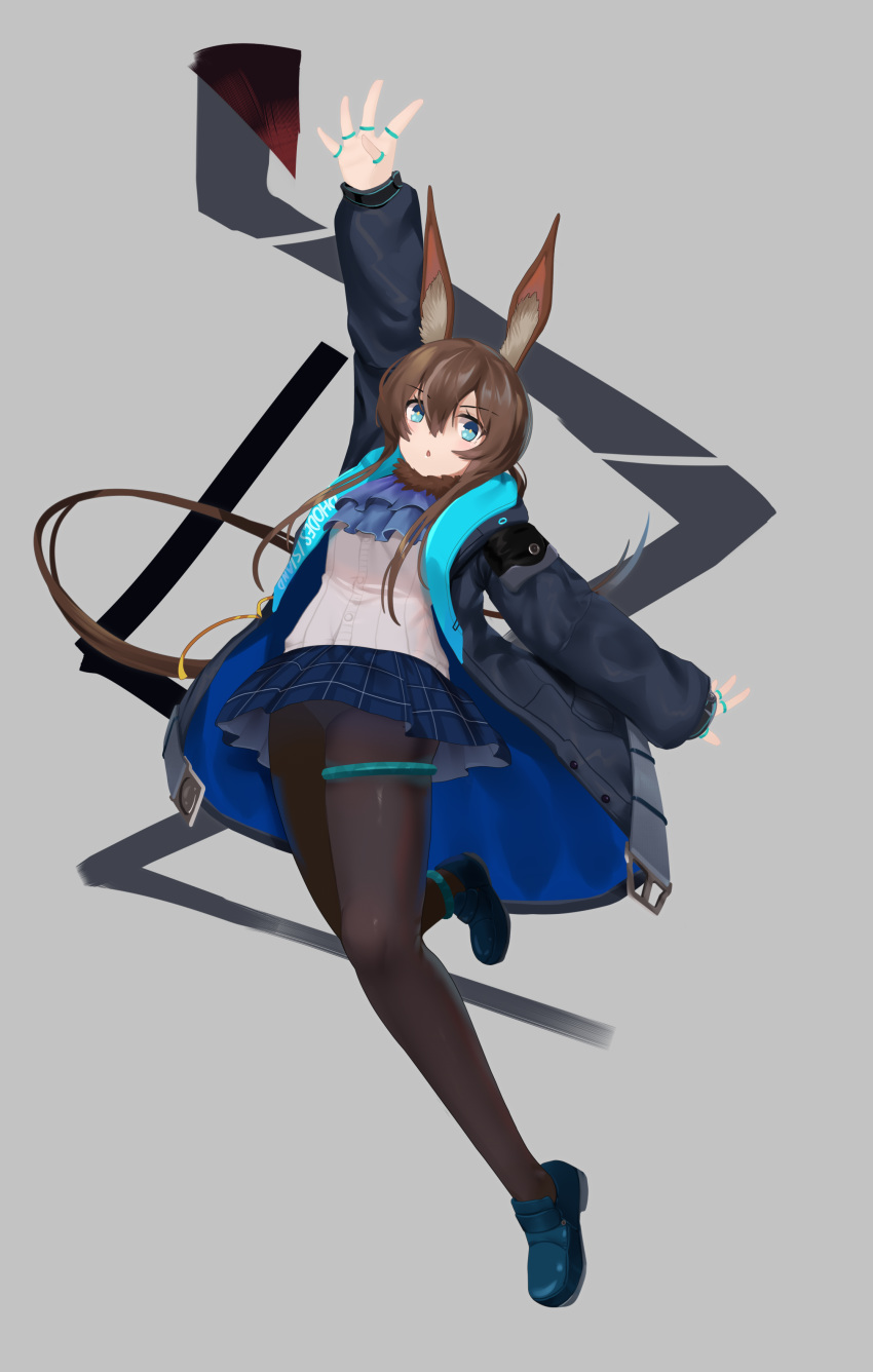 1girl :o absurdres amiya_(arknights) animal_ear_fluff animal_ears arknights arm_up ascot bangs black_coat black_legwear blue_eyes blue_footwear blue_neckwear blue_skirt blush brown_hair brown_legwear bunny_girl clothes_writing coat commentary_request eyebrows_visible_through_hair full_body hair_between_eyes highres jewelry loafers long_hair long_sleeves looking_at_viewer miniskirt open_clothes open_coat panties panties_under_pantyhose pantyhose pantyshot parted_lips plaid plaid_skirt pleated_skirt ponytail rabbit_ears ring shirt shoes sidelocks skirt sleeves_past_wrists solo thighlet too-ye underwear upskirt very_long_hair white_panties white_shirt