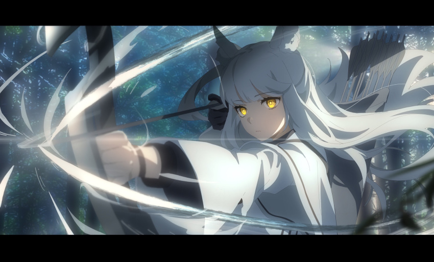 1girl aiming animal_ear_fluff animal_ears arknights arrow_(projectile) aura bangs black_gloves blunt_bangs blurry bow_(weapon) closed_mouth coat day depth_of_field drawing_bow expressionless eyebrows_visible_through_hair forest gloves highres holding holding_bow_(weapon) holding_weapon horse_ears kagura_tohru letterboxed long_hair nature outdoors platinum_(arknights) quiver silver_hair single_glove solo upper_body weapon white_coat yellow_eyes