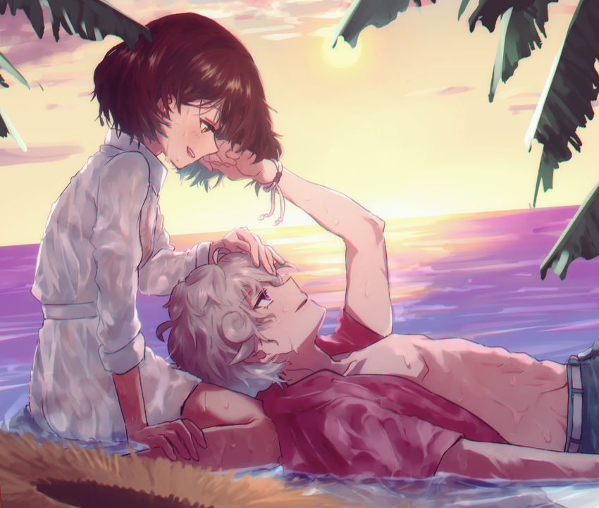 1boy 1girl bangs beet_(pokemon) brown_eyes brown_hair clouds cloudy_sky commentary curly_hair dress_shirt dutch_angle grey_hair hand_in_another's_hair hat hetero highres horizon lap_pillow long_sleeves lying miniskirt ocean on_back open_clothes open_mouth open_shirt orange_sky parted_lips pink_shirt pokemon senta_(ysk_0218) shirt short_hair sitting skirt sky smile straw_hat sun_hat sunset violet_eyes wading wariza wet wet_clothes white_shirt white_skirt yuuri_(pokemon)