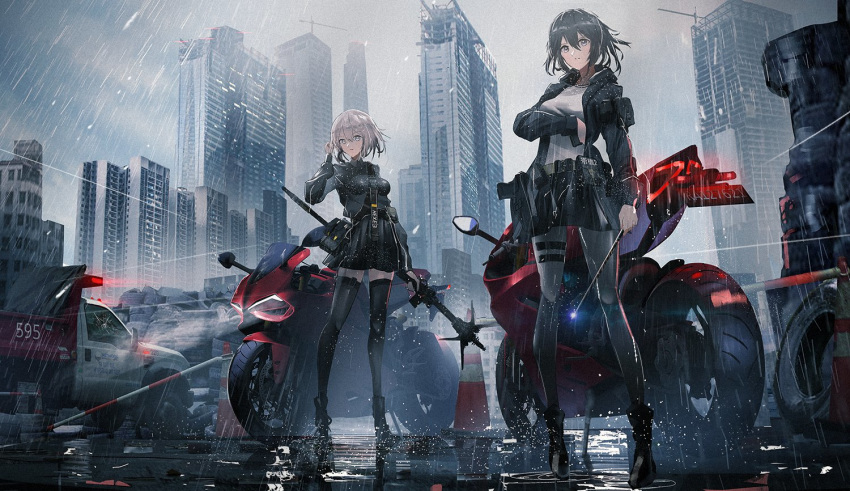 2girls baton_(instrument) black_footwear black_hair black_jacket black_legwear black_skirt boots breasts brown_eyes city cityscape closed_mouth commentary ducati_1299_panigale_r full_body grey_eyes ground_vehicle hair_between_eyes hand_in_hair headlight holding holding_weapon hood hooded_jacket jacket looking_at_viewer medium_breasts miniskirt motor_vehicle motorcycle multiple_girls open_clothes open_jacket original outdoors pantyhose rain shirt short_hair silver_hair skirt staff standing swav thigh-highs tire traffic_cone truck weapon white_shirt wing_collar zettai_ryouiki