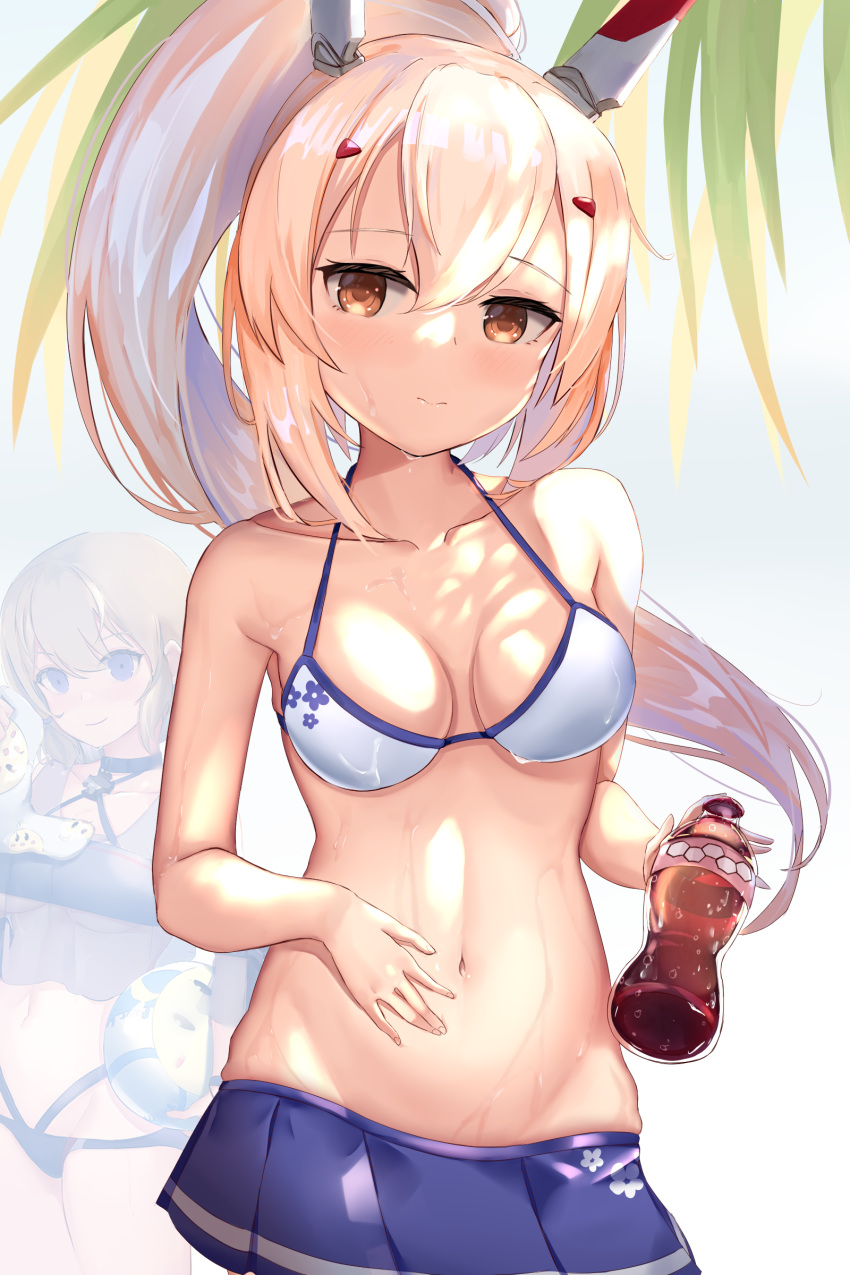 2girls absurdres ayanami_(azur_lane) azur_lane blonde_hair blue_skirt bottle bow breasts cola collarbone hair_bow hair_ornament highres long_hair looking_at_viewer multiple_girls navel ponytail simple_background skai_kun skirt small_breasts smile stomach swimsuit wind wind_lift yellow_eyes z23_(azur_lane) z23_(two-man_cell_match!)_(azur_lane)