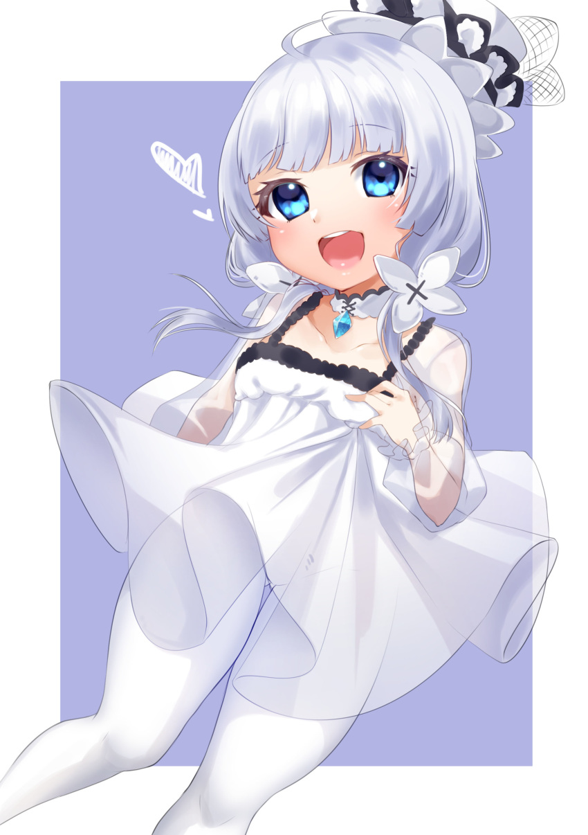 1girl absurdres ahoge azur_lane blue_eyes child dress hand_on_own_chest hat heart highres little_illustrious_(azur_lane) long_hair low_twintails open_mouth pantyhose purple_background see-through see-through_sleeves seele0907 short_dress silver_hair simple_background smile solo sundress thigh_gap thighs twintails white_dress white_headwear white_legwear wind wind_lift