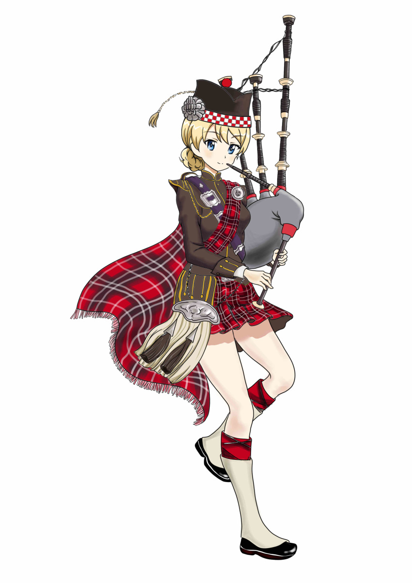 1girl absurdres bagpipes blonde_hair blue_eyes boots braid checkered darjeeling_(girls_und_panzer) girls_und_panzer highres instrument kilt plaid plaid_skirt qian skirt solo