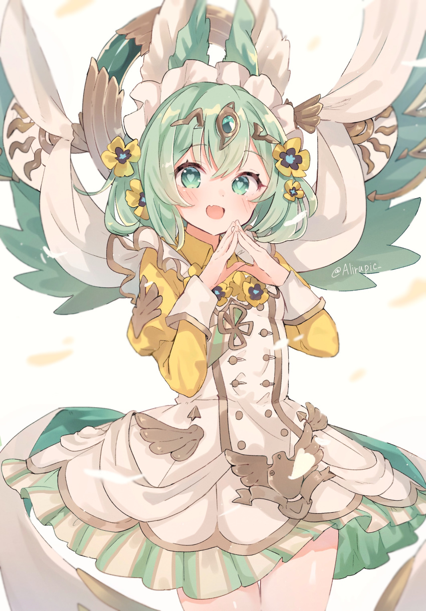 1girl :d absurdres bangs blush commentary cowboy_shot double-breasted dress fangs flower frilled_dress frills gem green_eyes green_hair hair_flower hair_ornament hands_together heart heart-shaped_pupils highres juliet_sleeves kuroe_(last_period) last_period long_sleeves looking_at_viewer maid_headdress open_mouth pinafore_dress puffy_sleeves shirt sleeve_cuffs smile solo symbol-shaped_pupils wata_ramune white_dress yellow_flower yellow_shirt