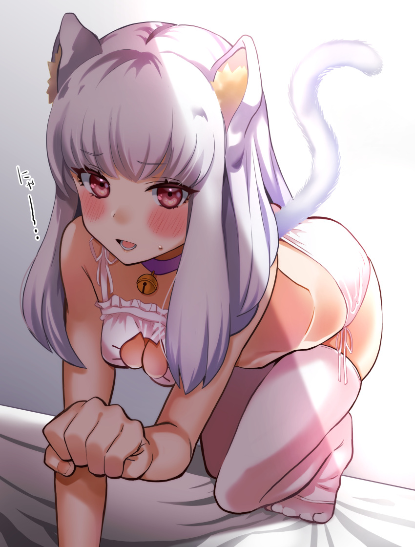 1girl absurdres animal_ears bell bell_choker blush bra cat_cutout cat_ears cat_lingerie cat_tail choker cleavage_cutout fire_emblem fire_emblem:_three_houses highres long_hair lysithea_von_ordelia meme_attire open_mouth oroshipon_zu panties pink_eyes solo tail thigh-highs underwear white_hair white_legwear