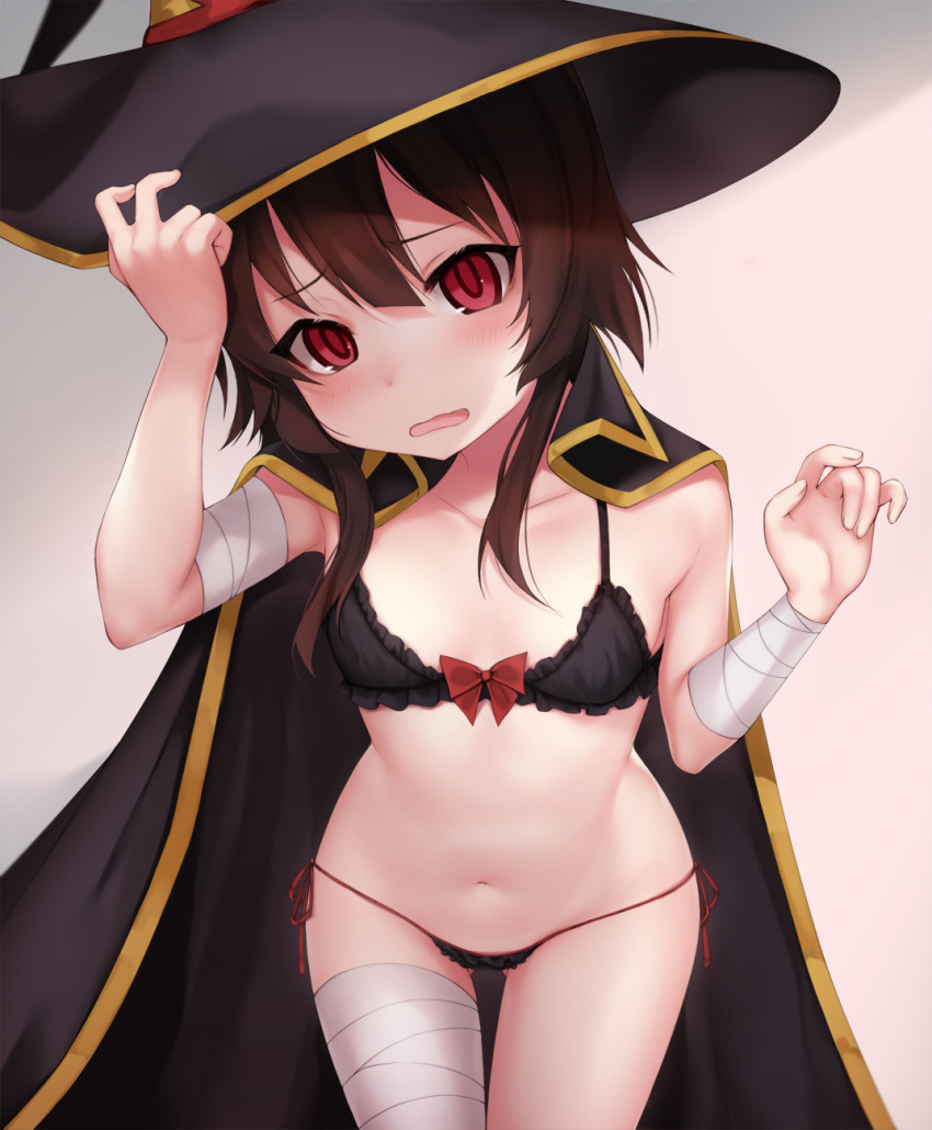 1girl alternate_costume bandaged_arm bandaged_leg bandages bikini black_bikini black_cape black_headwear blush breasts brown_hair cape collarbone commentary hair_between_eyes hat highres kono_subarashii_sekai_ni_shukufuku_wo! looking_at_viewer megumin navel ompf open_mouth red_eyes short_hair_with_long_locks small_breasts solo swimsuit witch_hat