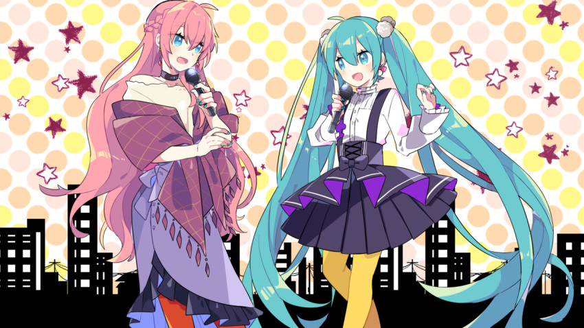 2girls :d ahoge aqua_eyes aqua_hair aqua_nails bangs bare_shoulders black_choker black_skirt blue_eyes braid choker commentary_request crown_braid earrings eye_contact eyebrows_visible_through_hair feet_out_of_frame frilled_skirt frills hair_ornament hair_pom_pom hand_up hatsune_miku high-waist_skirt holding holding_microphone jewelry long_hair long_sleeves looking_at_another megurine_luka microphone multiple_girls off-shoulder_shirt off_shoulder open_mouth pantyhose pink_hair pom_pom_(clothes) puffy_long_sleeves puffy_sleeves purple_skirt red_legwear shawl shirt skirt smile star_(symbol) very_long_hair vocaloid white_shirt yellow_legwear yoshiki