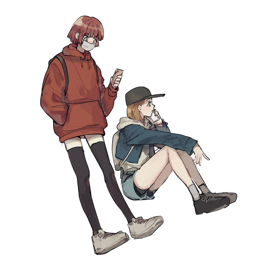 2girls backpack bag brown_eyes brown_hair contemporary hand_in_pocket hat highres hood hoodie jacket mask mouth_mask multiple_girls nifa_(shingeki_no_kyojin) orange_eyes orange_hair petra_ral phone pi0w0pi redhead shingeki_no_kyojin short_hair short_shorts shorts simple_background surgical_mask thigh-highs white_background yellow_eyes