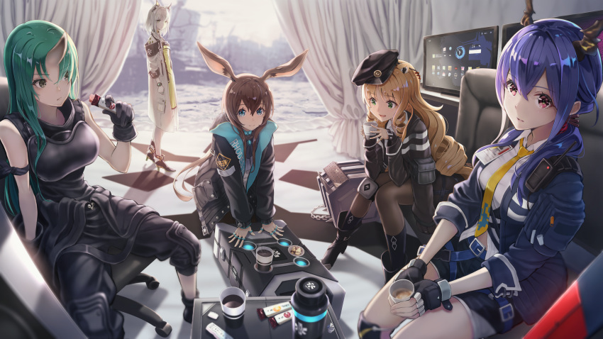 5girls animal_ears arknights black_gloves black_jacket blonde_hair blue_eyes blue_hair blue_jacket brown_hair cat_ears coffee_cup commentary_request cup curtains disposable_cup dragon_horns eating eyebrows_visible_through_hair fingerless_gloves food gloves green_eyes green_hair hat highres holding holding_cup horns hoshizaki_reita jacket monitor multiple_girls necktie oni_horns pantyhose pink_eyes rabbit_ears silver_hair sitting smile standing thermos walkie-talkie yellow_neckwear