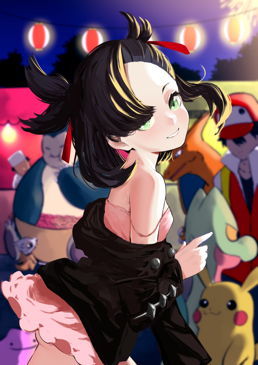 1girl :3 absurdres asymmetrical_bangs bangs black_choker black_hair black_jacket black_shirt blush breasts character_request charizard choker collarbone commentary_request cubone dress fushi_no_yabo gen_1_pokemon green_eyes hair_ribbon highres jacket long_hair long_sleeves looking_at_viewer mary_(pokemon) night off-shoulder_jacket outdoors pikachu pink_dress pokemon pokemon_(game) pokemon_swsh red_(pokemon) red_headwear red_ribbon ribbon shirt small_breasts solo_focus sweater_vest twintails white_headwear white_shirt